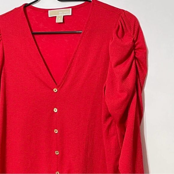 MICHAEL Kors Blouse Women's Medium Red Tie Front Long Puffed Sleeve Shirt Top - Picture 4 of 5